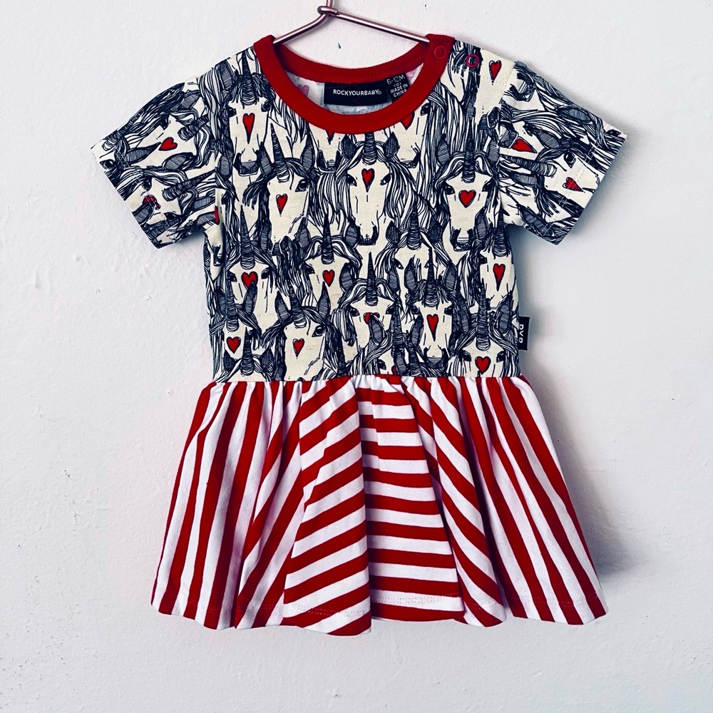 Rockyourkid unicorn harts girls dress size 6-12M candy strips. jersey